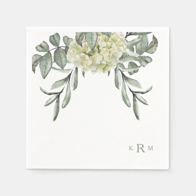Hydrangea Foliage Sage Monogram Cocktail Napkins (Front)