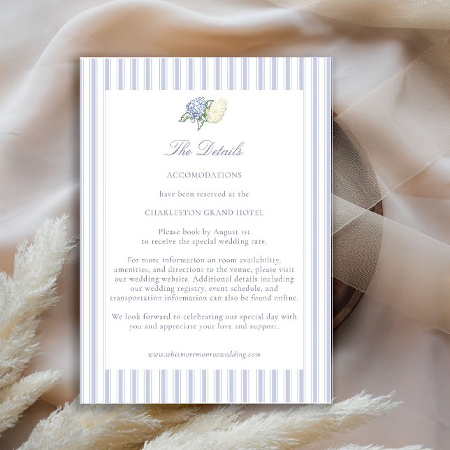 Hydrangea Formal Stripes Coastal Wedding Details Enclosure Card (hydrangea wedding details coastal cottagecore romantic garden formal elegant traditional)