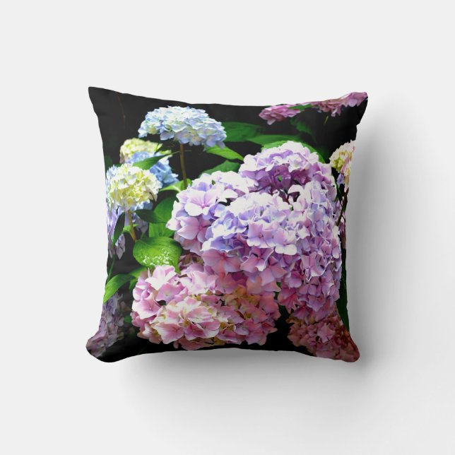 Hydrangea garden, pink, blue, purple floral cushion (Front)