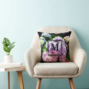 Hydrangea garden, pink, blue, purple floral cushion