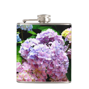 Hydrangea garden, pink, blue, purple floral hip flask