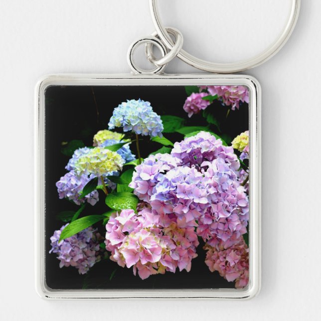Hydrangea garden, pink, blue, purple floral key ring (Front)