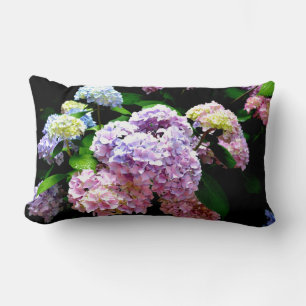 Hydrangea garden, pink, blue, purple floral lumbar cushion