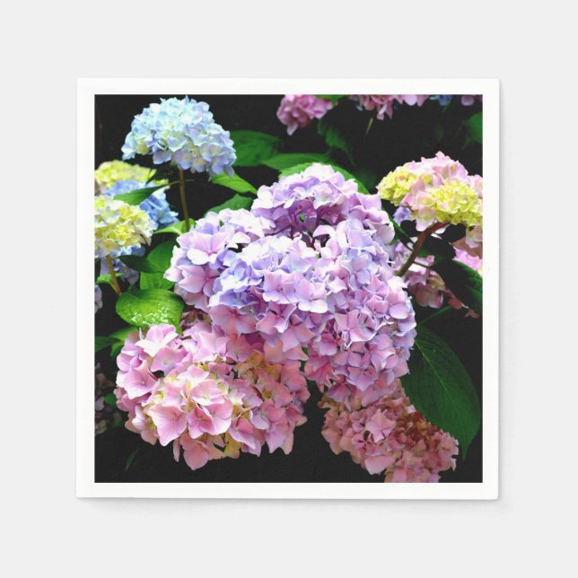 Hydrangea garden, pink, blue, purple floral napkin (Front)