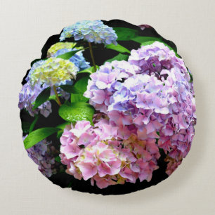 Hydrangea garden, pink, blue, purple floral round cushion