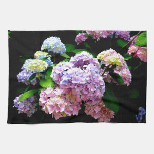 Hydrangea garden, pink, blue, purple floral tea towel