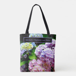 Hydrangea garden, pink, blue, purple floral tote bag