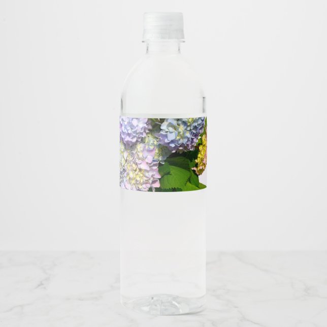 Hydrangea gardens, pink, blue, purple floral water bottle label (Front)