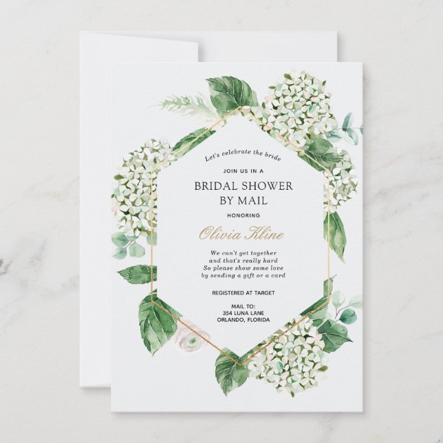 Hydrangea Gold Frame Bridal Shower by Mail Invitation (Front)