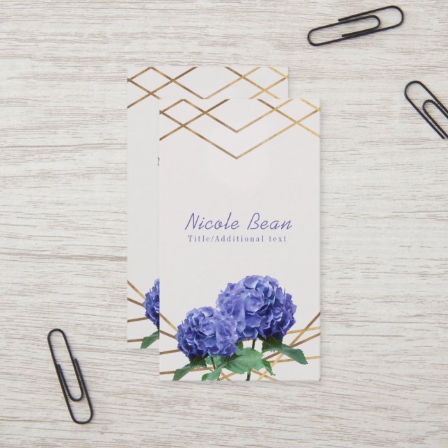 Hydrangea & Gold Lines Elegant Chic Floral Business Card (Front/Back In Situ)