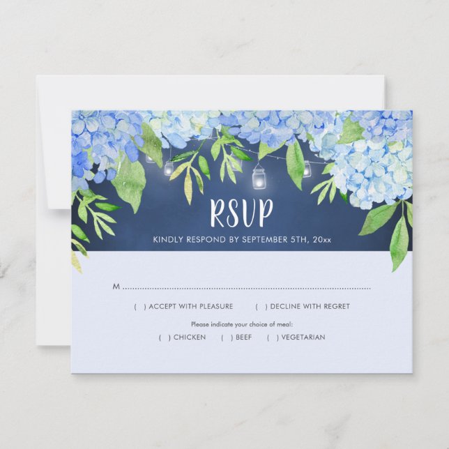 Hydrangea Greenery Navy Mason Jar Lights RSVP Card (Front)