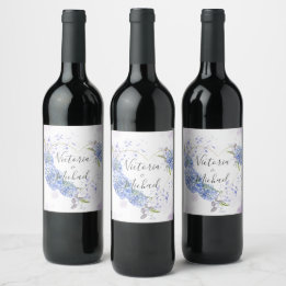 Hydrangea Heart Personalised Names Wedding Wine Label
