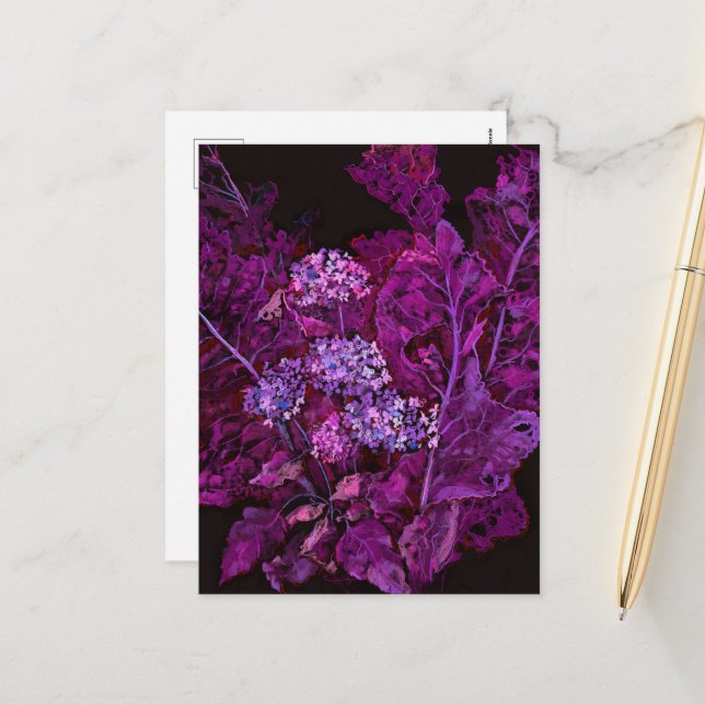 Hydrangea & Horseradish Floral Art Black Purple Holiday Postcard (Front/Back In Situ)