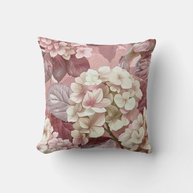 Hydrangea hortensia pink cream blossom petals cushion (Front)