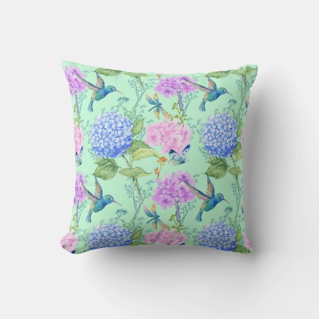 Hydrangea hummingbird lavender blue mint green cushion (Front)