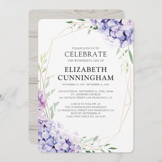 Hydrangea Lilac Floral Geometric Memorial Invitation (Front/Back)