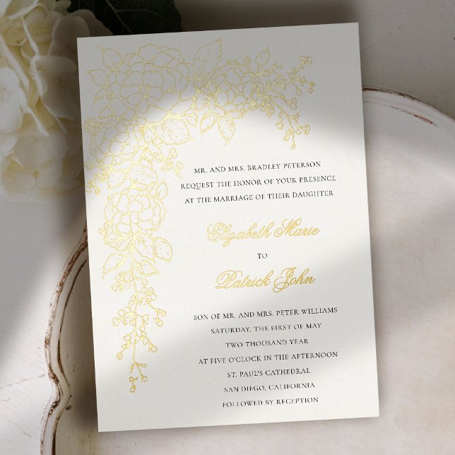 Hydrangea Luminous Ecru Formal Classic Wedding (hydrangea wedding invitation formal traditional modern classic art sketch parents host gold foil)