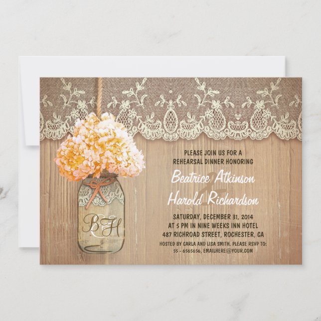 hydrangea mason jar rustic rehearsal dinner invitation (Front)