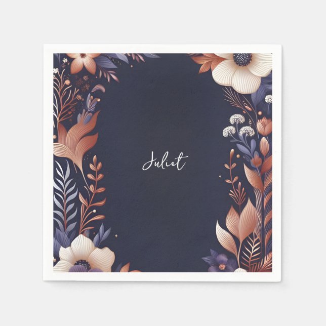 Hydrangea Metallic Pure Navy Blue Bridal Shower Napkin (Front)