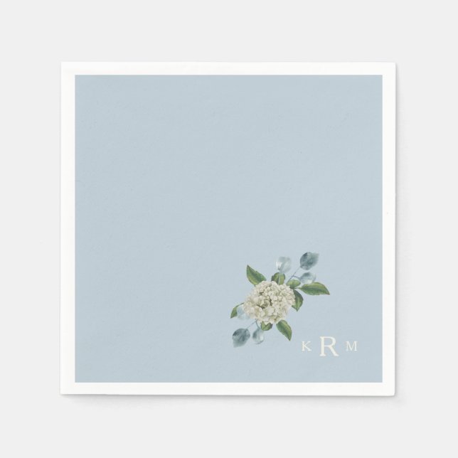 Hydrangea Monogram Dusty Blue Cocktail Napkin (Front)