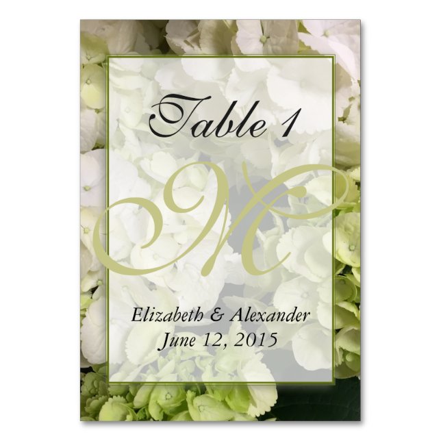 Hydrangea Monogram Personalised Table Card (Front)