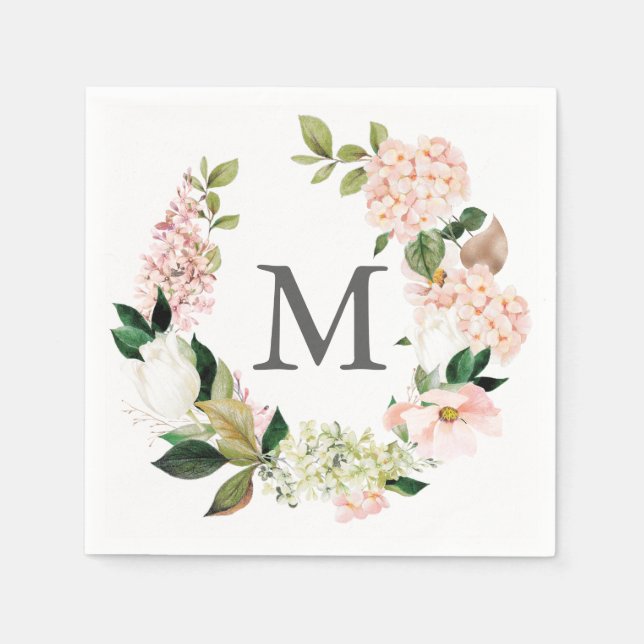 Hydrangea Monogram Wedding Cocktail Napkin (Front)