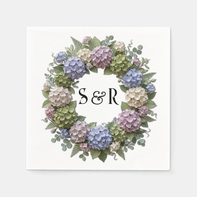 Hydrangea Monogram Wreath Wedding Napkin (Front)