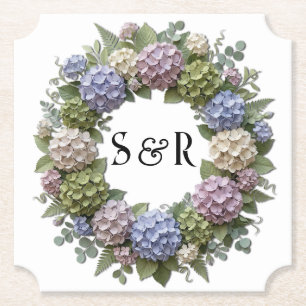 Hydrangea Monogram Wreath Wedding Paper Coaster