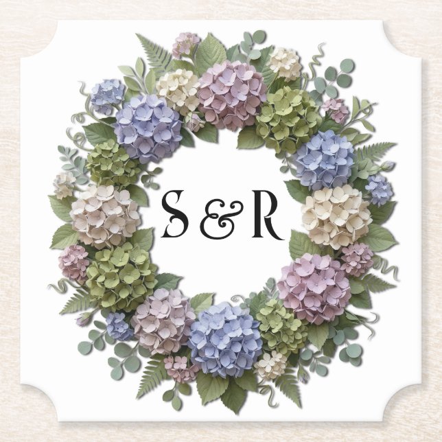 Hydrangea Monogram Wreath Wedding Paper Coaster (Front)
