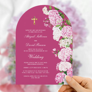Hydrangea on Pink Arch Religious Wedding Invitation