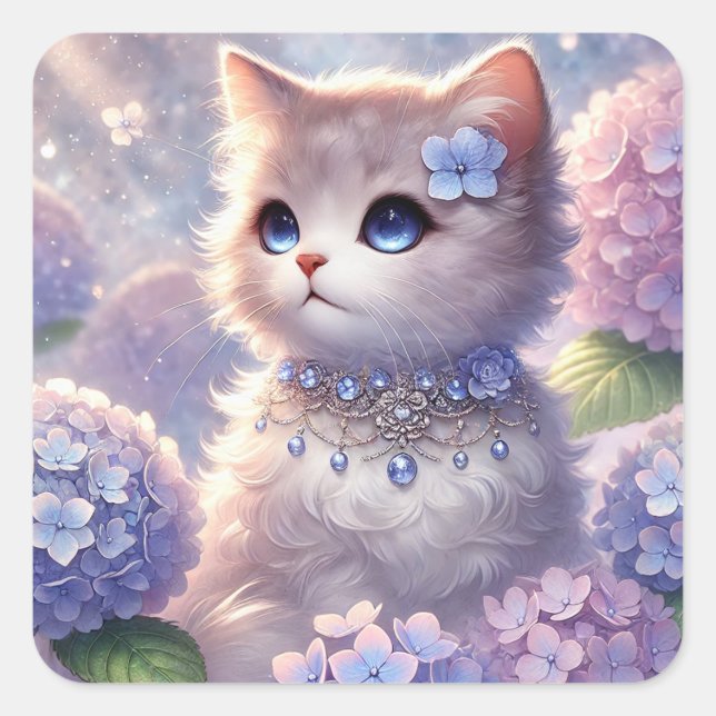 Hydrangea Princess Cat Square Sticker (Front)