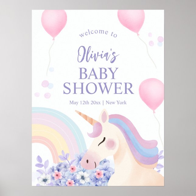 Hydrangea Rainbow Unicorn Baby Shower Welcome  Poster (Front)