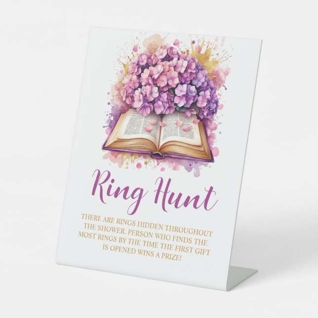Hydrangea ring hunt bridal shower game pedestal sign (Front)