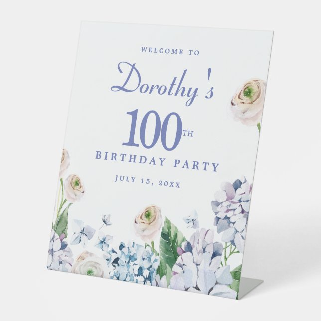Hydrangea Rose 100th Birthday Party Welcome Sign (Front)
