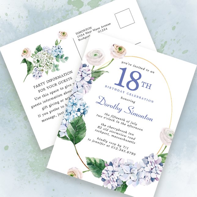 Hydrangea Rose 18th Birthday Summer Invitation Postcard (Creator Uploaded)