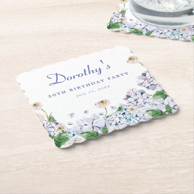 Hydrangea Rose 30th Birthday Personalised Custom Paper Coaster (Angled)