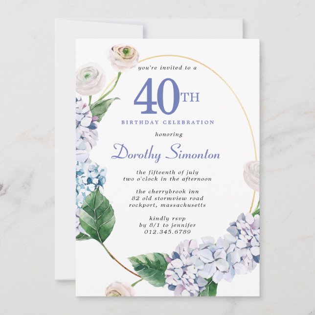 Hydrangea Rose 40th Birthday Party  Invitation (Front)
