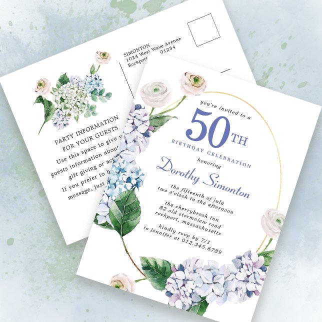 Hydrangea Rose 50th Birthday Summer Invitation Postcard (Creator Uploaded)