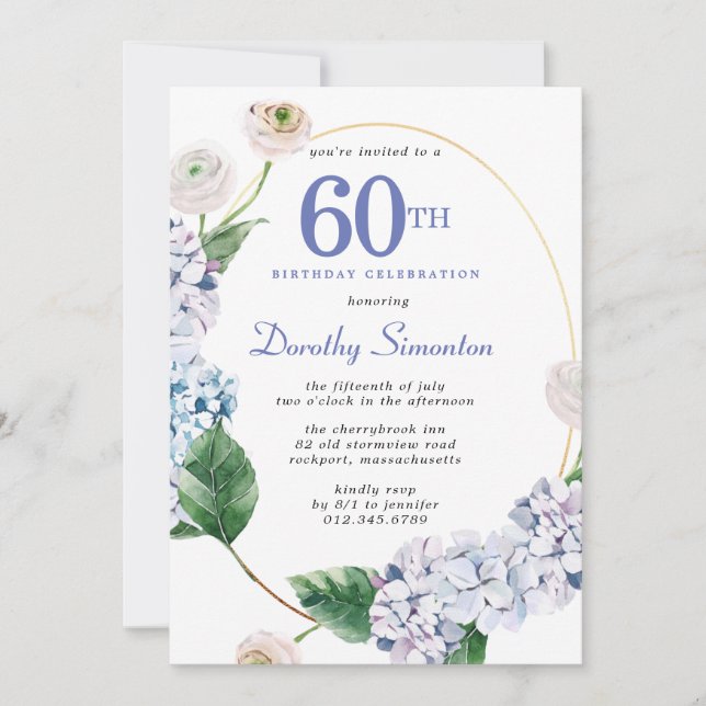 Hydrangea Rose 60th Birthday Party  Invitation (Front)
