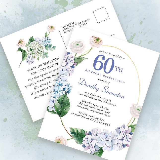 Hydrangea Rose 60th Birthday Summer Invitation Postcard (Creator Uploaded)