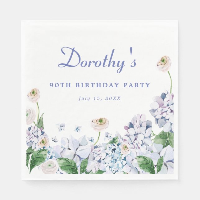 Hydrangea Rose 90th Birthday Personalised Custom Napkin (Front)