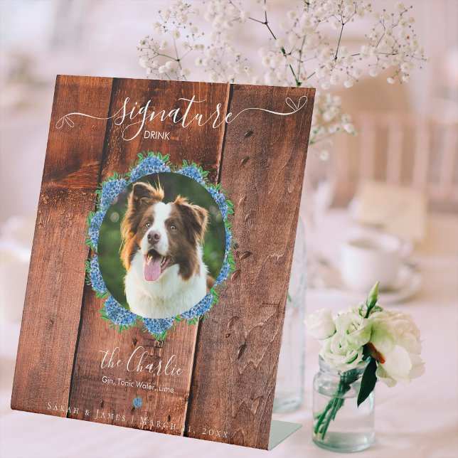 Hydrangea Rustic Wood 1 Photo Signature Pet Drink Pedestal Sign (Creator Uploaded)