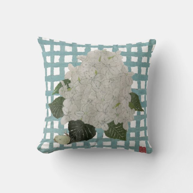 Hydrangea Snowball and Gingham Plaid Pillow (Front)