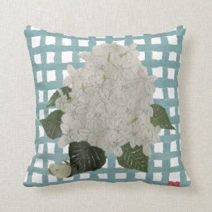 Hydrangea Snowball and Gingham Plaid Pillow