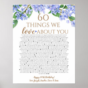 hydrangea things we love you 60 things birthday poster