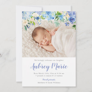 Hydrangea Watercolor Floral Girl Photo Birth Announcement