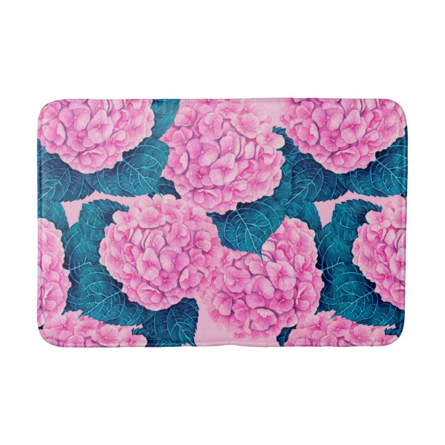 Hydrangea watercolor pattern, pink and blue bath mat (Front)