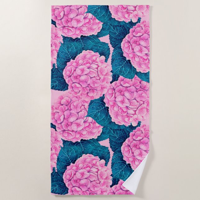 Hydrangea watercolor pattern, pink and blue beach towel (Front)