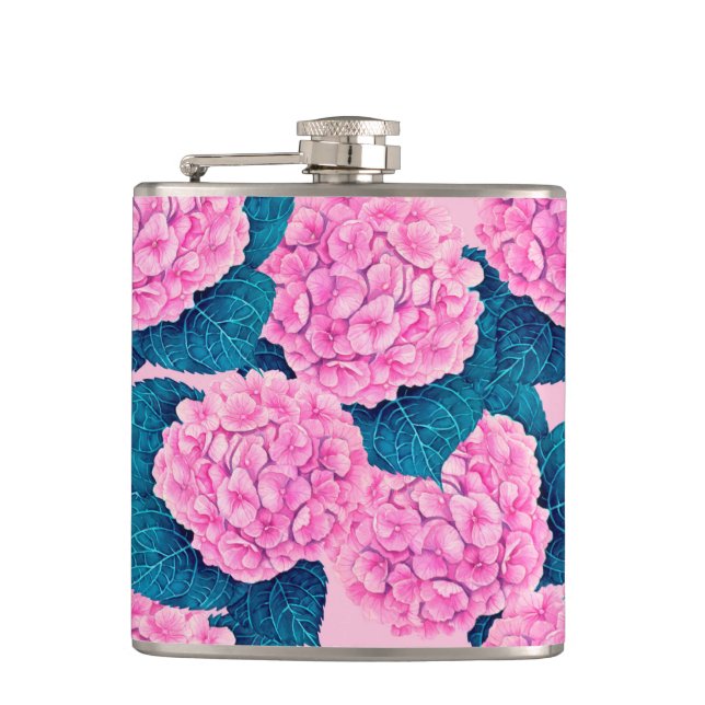 Hydrangea watercolor pattern, pink and blue hip flask (Front)