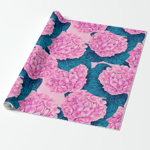 Hydrangea watercolor pattern, pink and blue wrapping paper